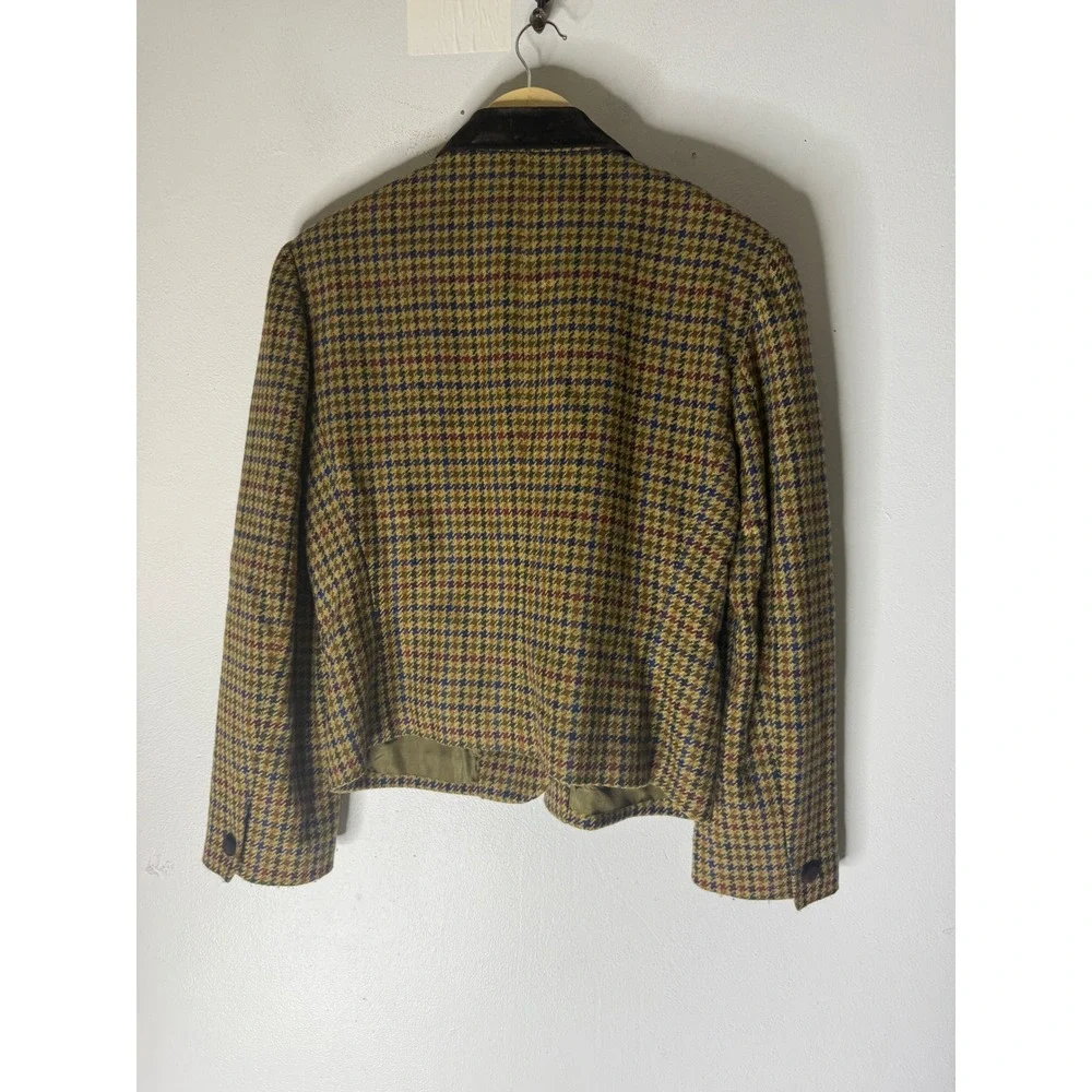 Vintage Houndstooth Wool Blazer Velvet Collar Plaid Equestrian Jacket Mustard 12
